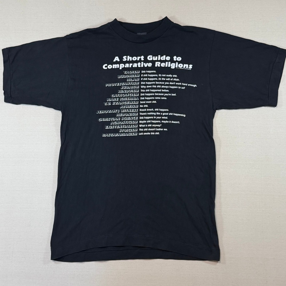 Vintage 90s LA Imprints Comparative Religions Shit Happens T-Shirt Black XL